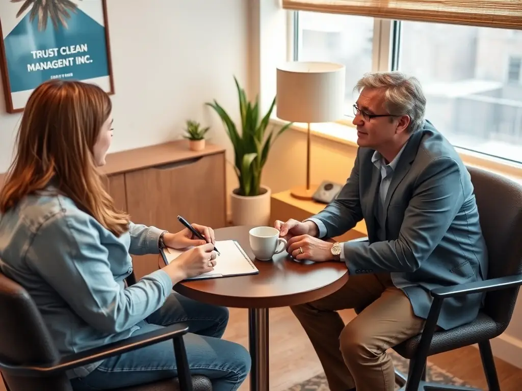 A cleaning contractor receiving personalized business coaching from a Trust Clean Cares Management Inc. mentor, discussing strategies for client acquisition and business expansion.