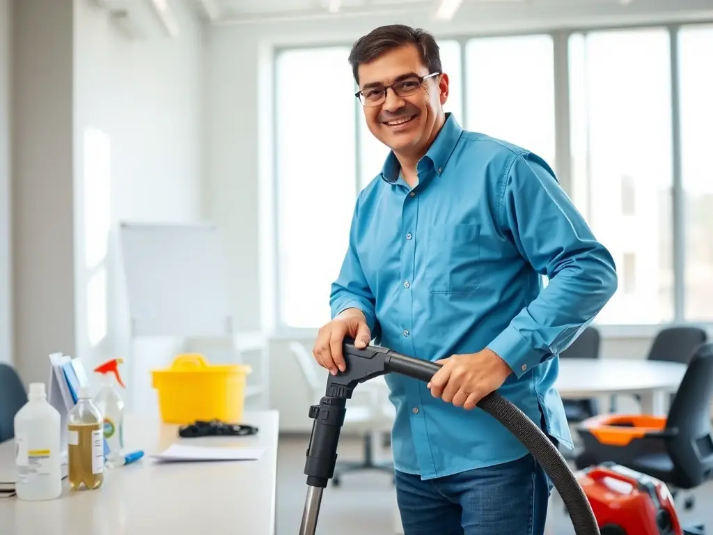 A cleaning contractor confidently demonstrating newly acquired cleaning skills, showcasing the practical knowledge gained from Trust Clean Cares Management Inc.'s training programs.