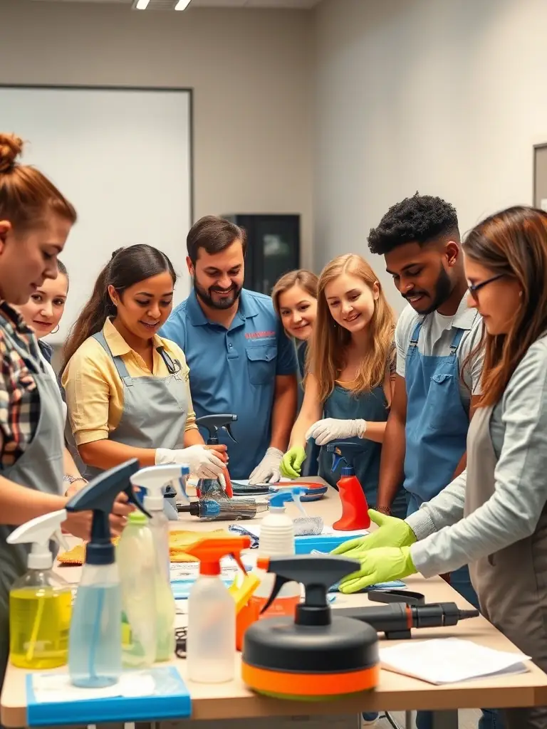 A diverse group of cleaning contractors participating in a hands-on training session, learning about the latest cleaning techniques and equipment.