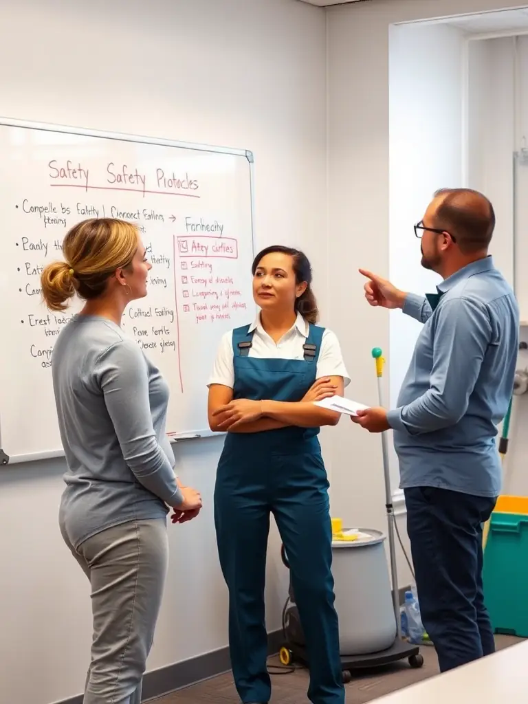 A cleaning contractor learning about safety protocols and compliance standards in a commercial cleaning environment.