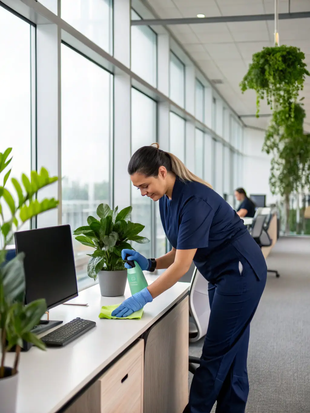 A cleaning professional demonstrating the proper use of eco-friendly cleaning products and sustainable practices.