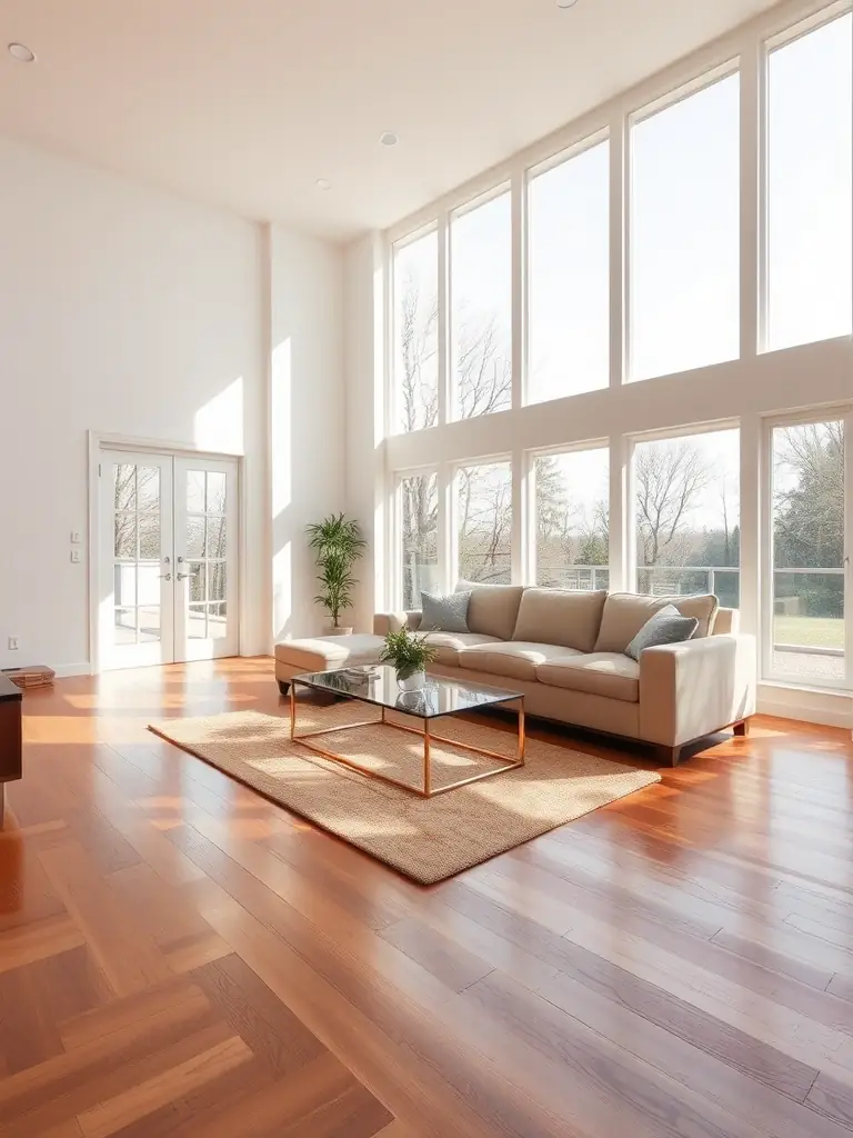 A cozy and inviting living room in a residential home, highlighting freshly cleaned furniture, carpets, and windows. The image should evoke a sense of comfort and cleanliness, representing Trust Clean Cares Management Inc.'s residential cleaning service.