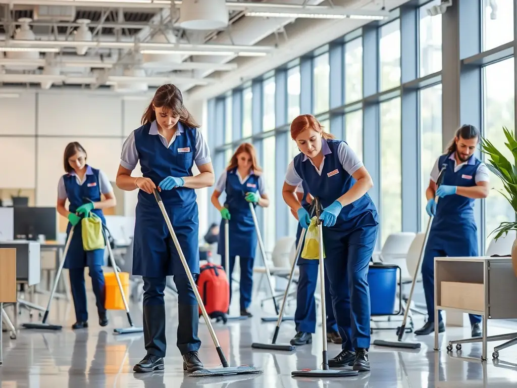 A cleaning crew efficiently cleaning a commercial office space, highlighting Trust Clean Cares' reliable service.