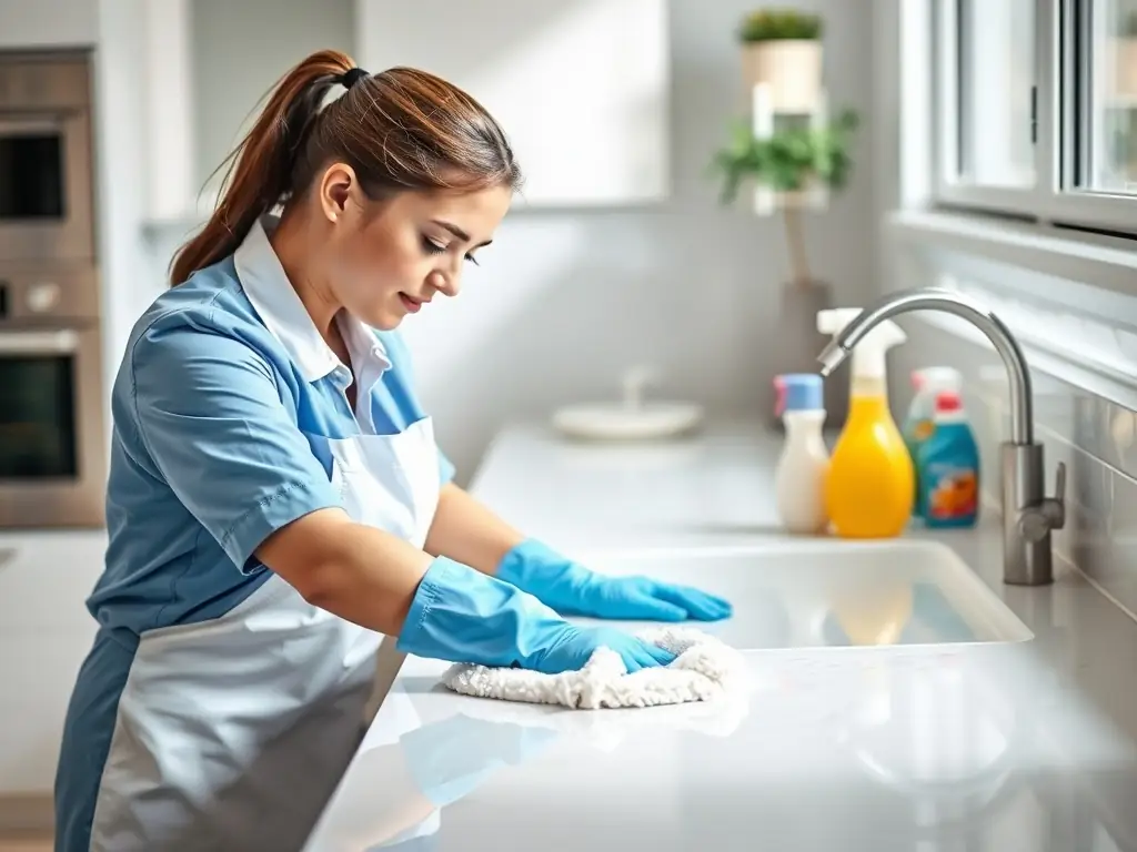 A close-up photo of a Trust Clean Cares Management Inc. employee inspecting a cleaned surface, demonstrating the company's commitment to quality control.