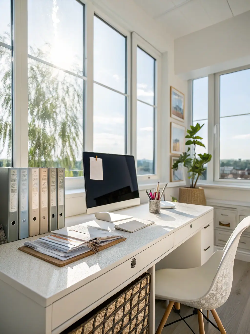 A high-resolution image of a sparkling clean commercial office space, showcasing desks, chairs, and floors, emphasizing cleanliness and order. The image should convey a sense of professionalism and hygiene, suitable for Trust Clean Cares Management Inc.'s commercial cleaning service.