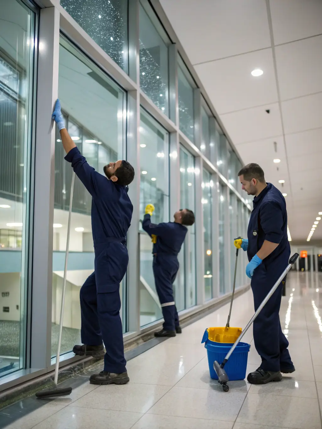 A cleaning crew completing a cleaning service in a commercial space, showcasing their efficiency and attention to detail.