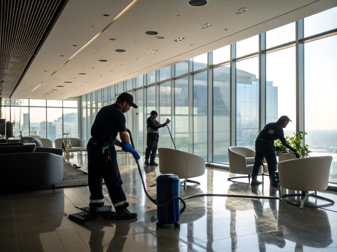 A modern office space being cleaned by a professional cleaning crew, with attention to detail and use of efficient cleaning equipment.