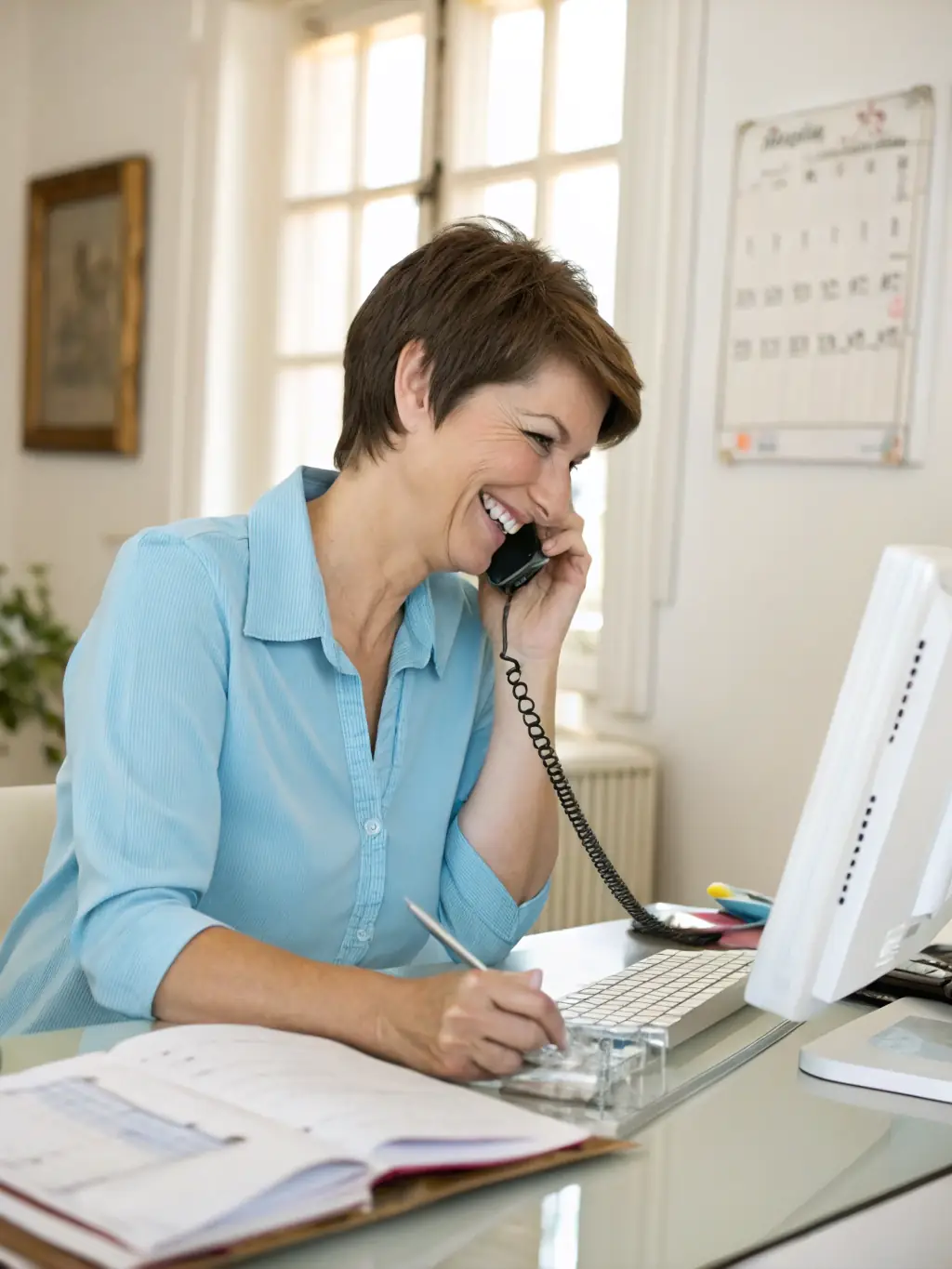 An employee confirming a cleaning appointment with a client over the phone, ensuring clear communication and scheduling.