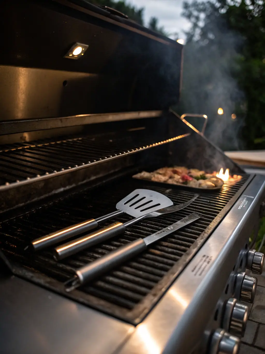 A before-and-after shot of a BBQ grill, showing the transformation from a greasy, dirty grill to a sparkling clean one after Trust Clean Cares Management Inc.'s cleaning service. The image should highlight the effectiveness of the cleaning process.
