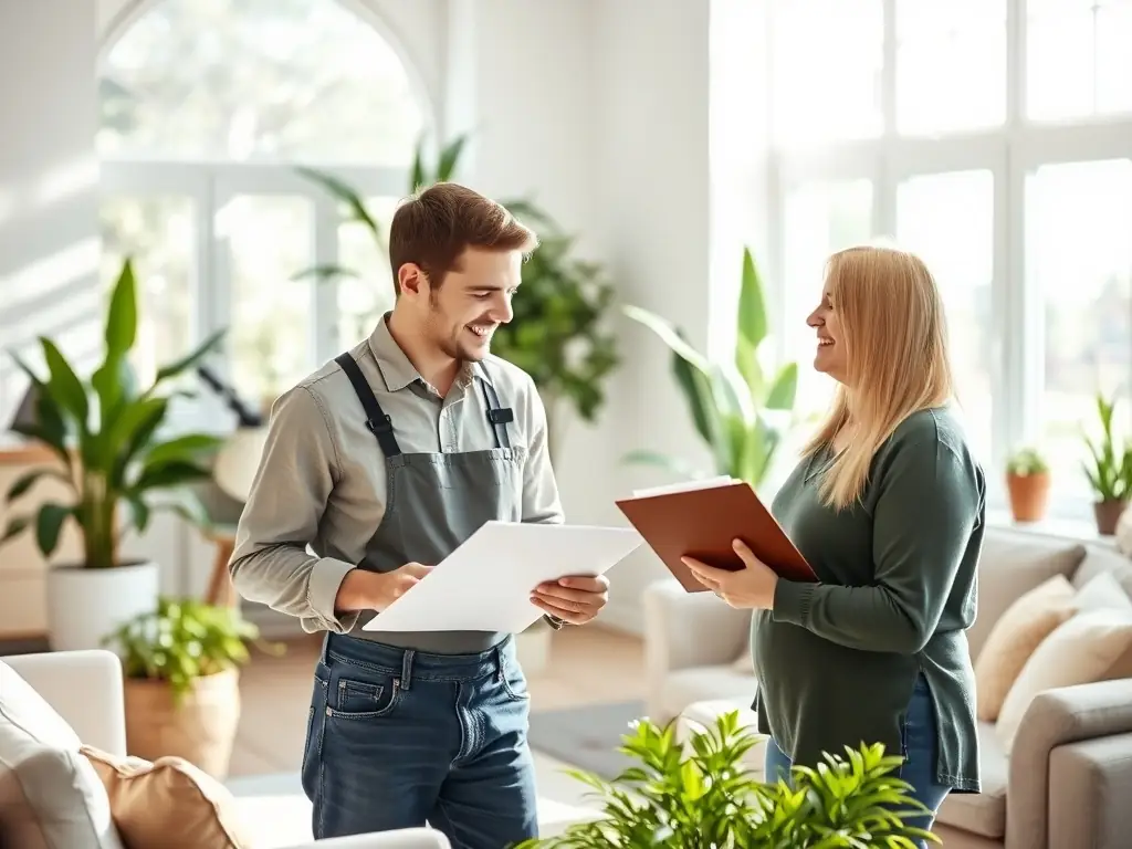 A photo showing a Trust Clean Cares Management Inc. employee discussing a cleaning schedule with a client, highlighting the company's flexible scheduling options.
