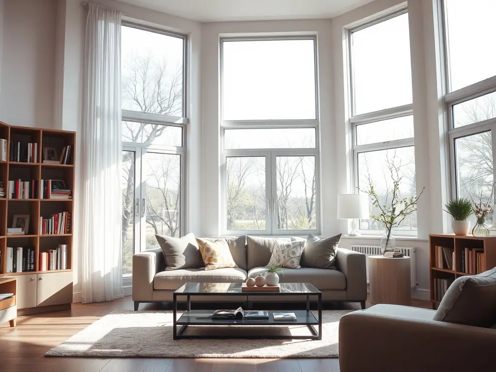 A cozy and well-organized living room in a home, showcasing the results of a professional residential cleaning service.