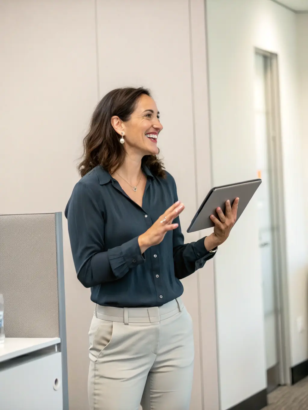 A customer providing feedback on a tablet after a cleaning service, highlighting the company's commitment to customer satisfaction and continuous improvement.