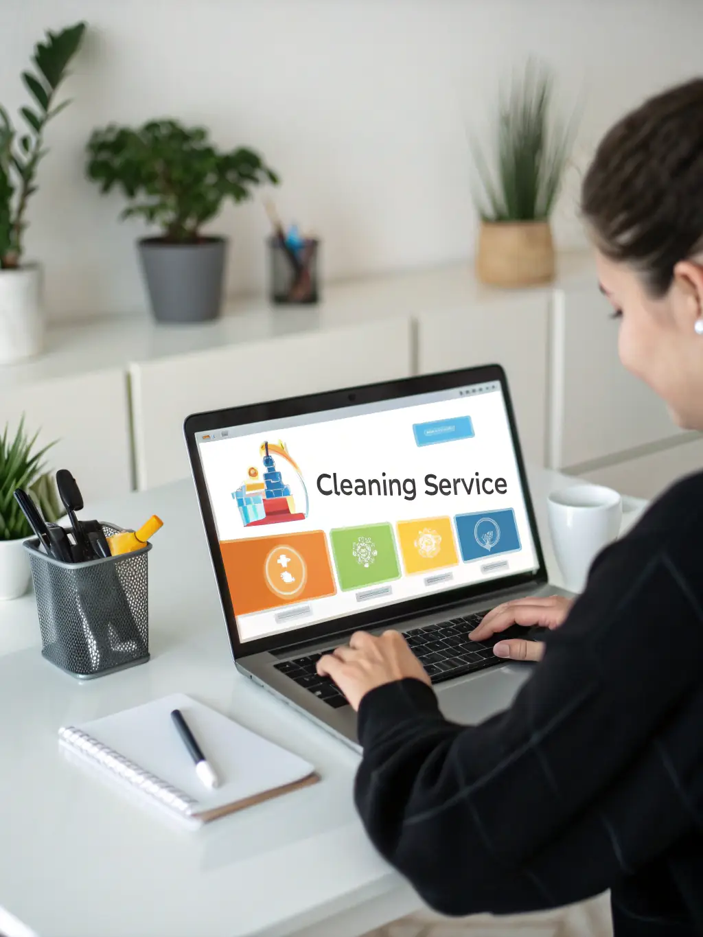 A customer requesting a cleaning service through a user-friendly online form on a laptop, showcasing the ease of the initial request.
