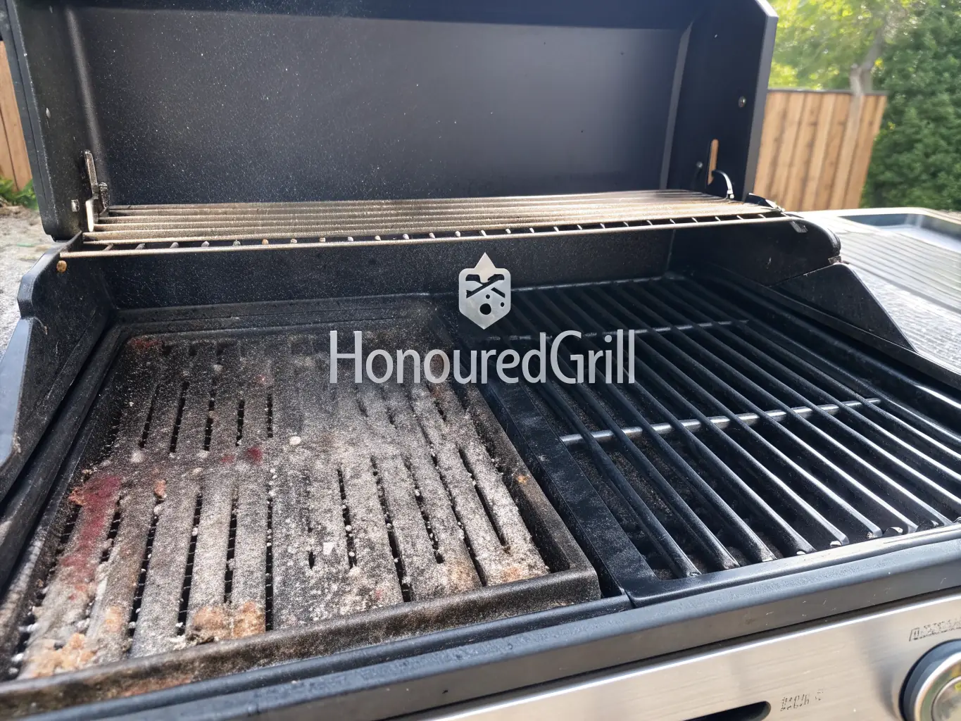 A close-up shot of a sparkling clean BBQ grill after being professionally cleaned, with steam rising to indicate the thoroughness of the cleaning process.